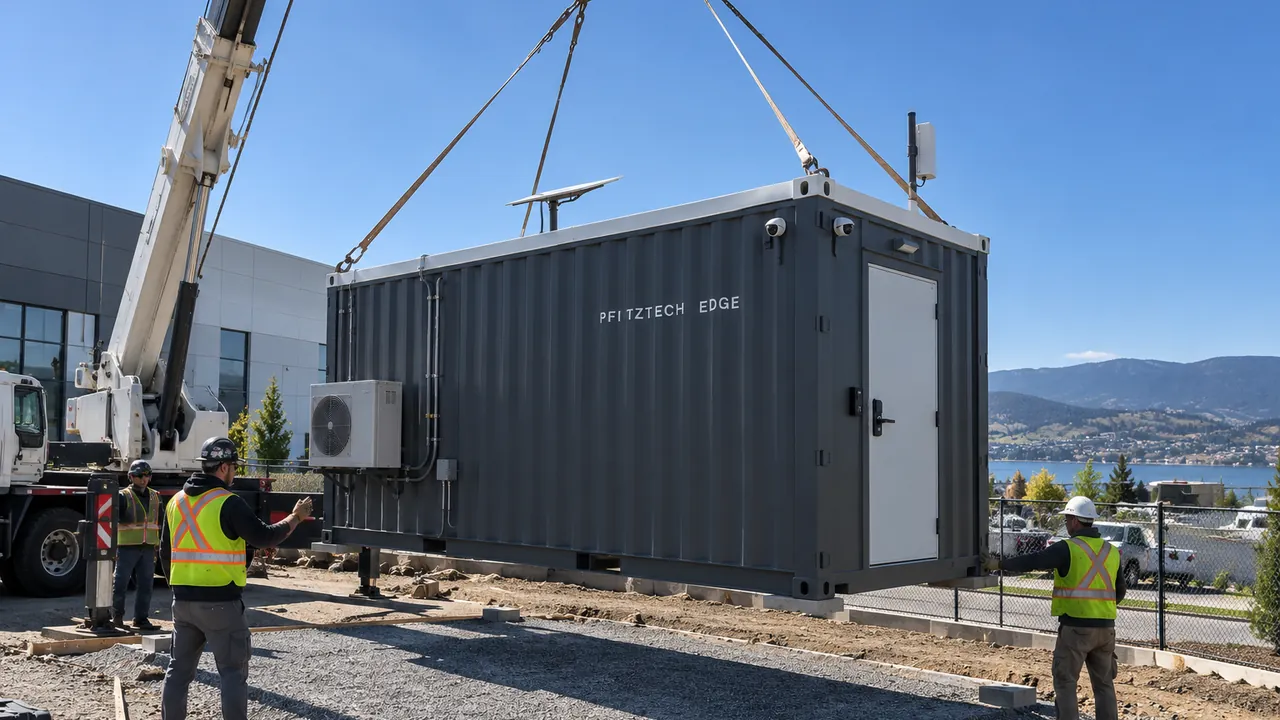 Crane truck lowering a charcoal container data room onto a prepared gravel pad