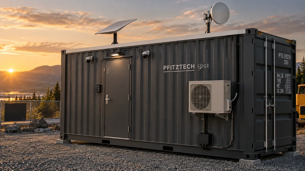 Charcoal-grey 20-foot container data room with white roof, keypad door, cameras and side-mounted heat pump on a gravel pad