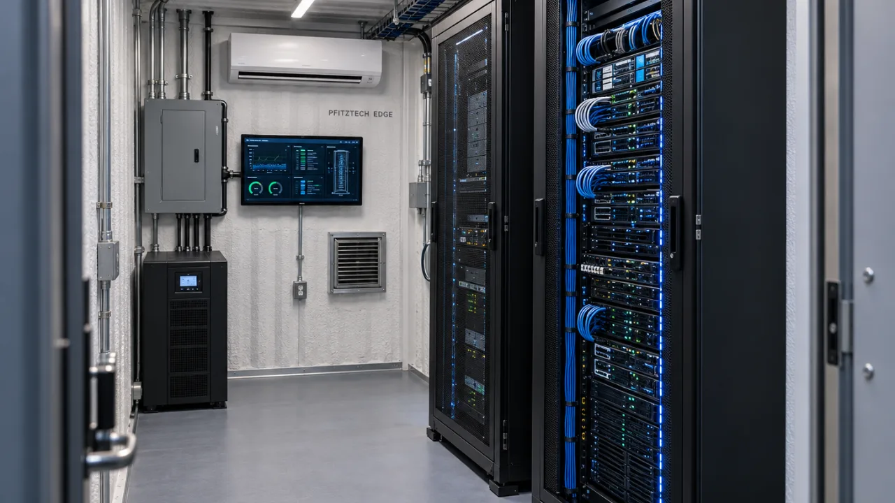Inside a 20-foot container data room: two 42U racks, spray-foam walls, mini-split, panel and UPS