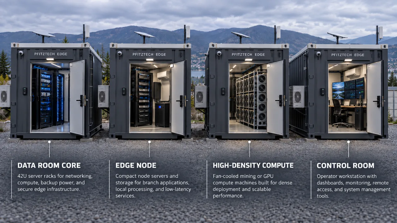 Row of container data rooms with different interiors