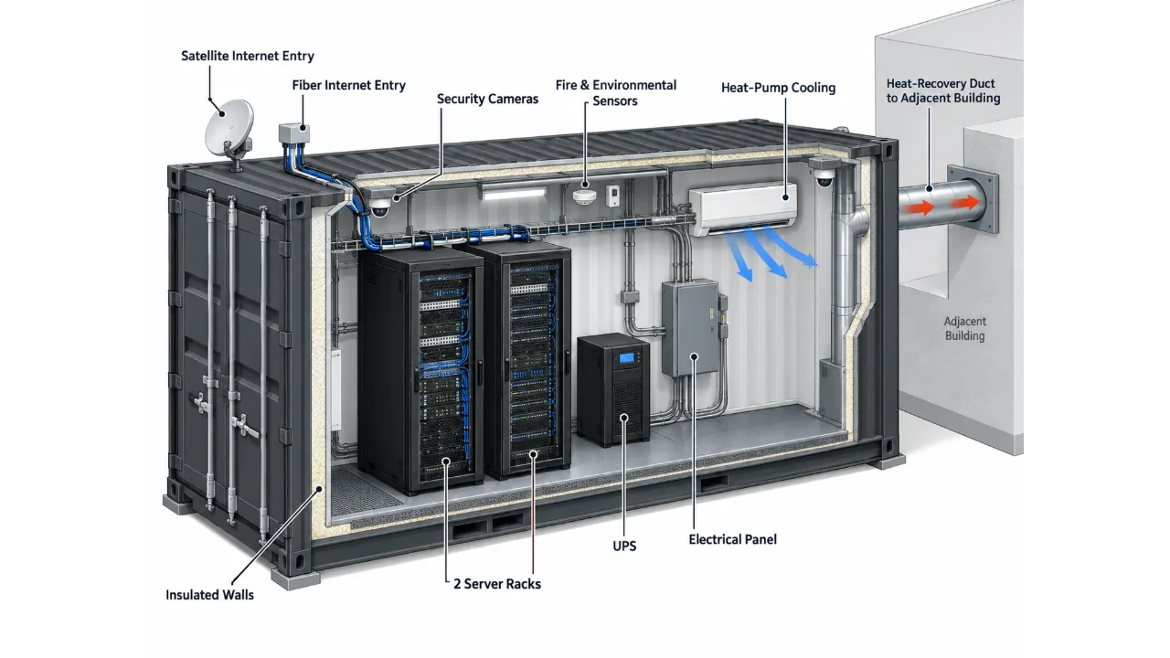 Labelled isometric cutaway of a container data room showing racks, UPS, panel, cooling, network entry and sensors