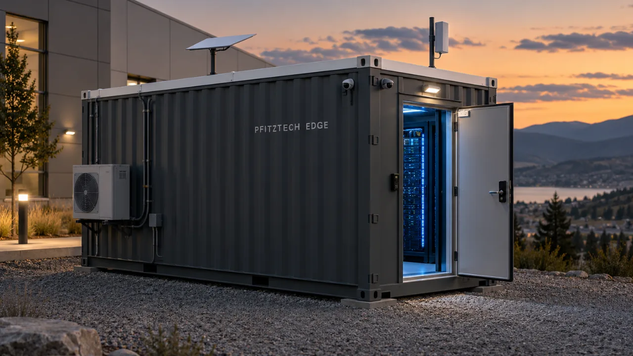 Charcoal container data room at dusk beside a modern building, door open with blue light from server racks