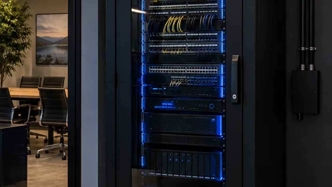 Enclosed black server rack cabinet with glass door and blue status lights in an office alcove