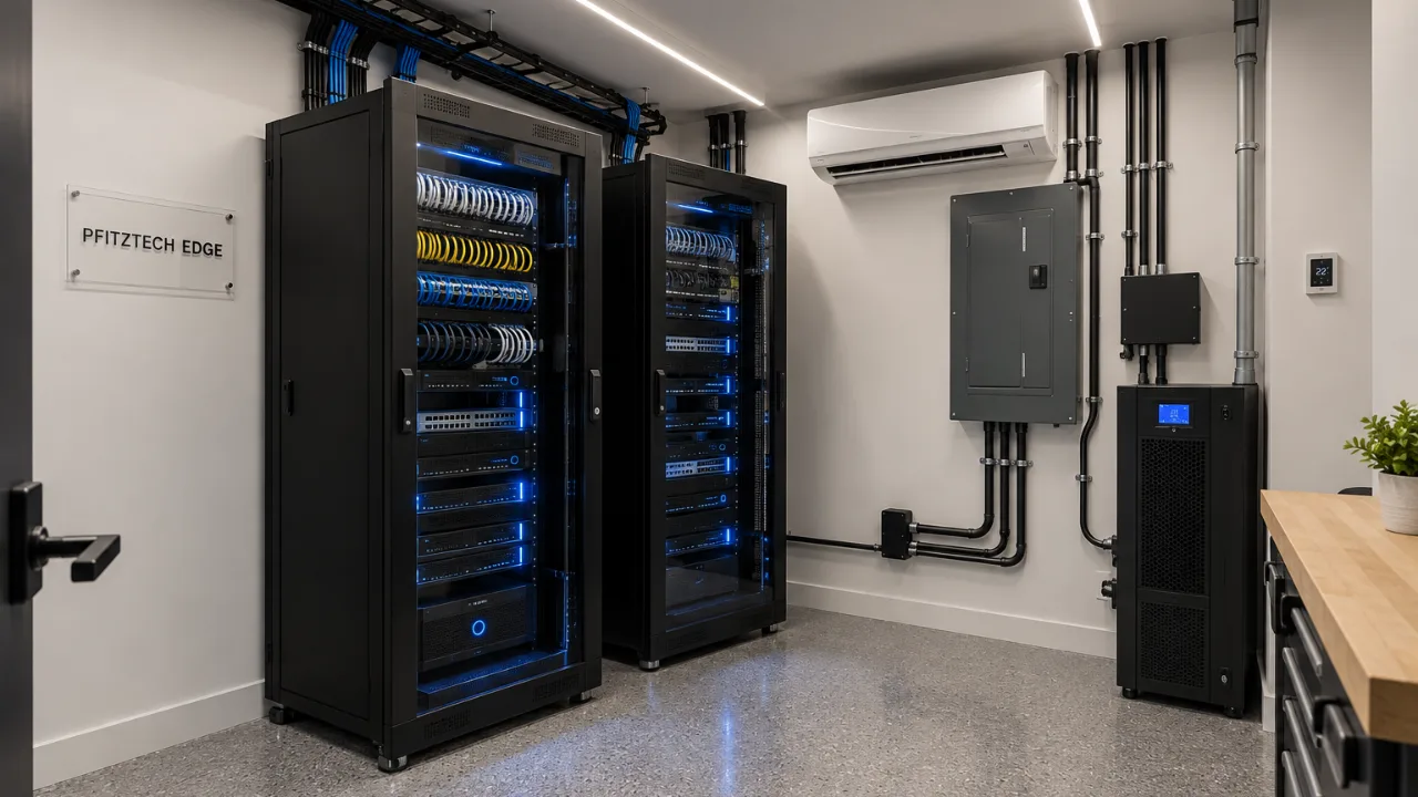 Converted basement data room with two server racks, mini-split, electrical panel and UPS